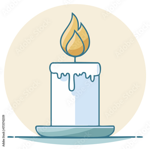 A simple graphic illustration of a lit white candle with a yellow flame on a light blue saucer casting a gentle glow