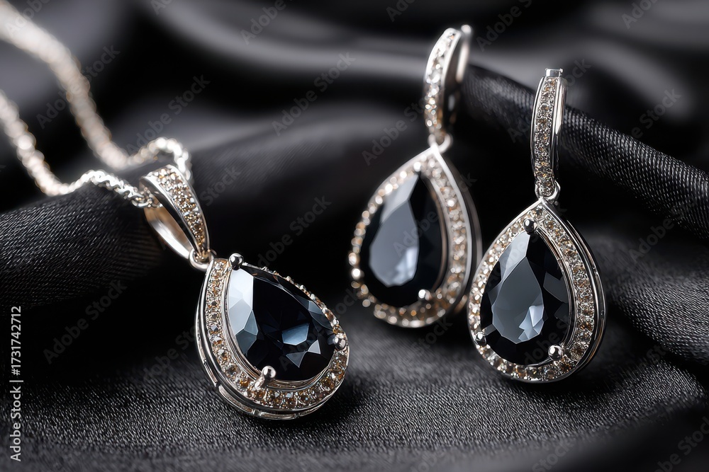 Fototapeta premium Elegant black gemstone jewelry set on dark silk