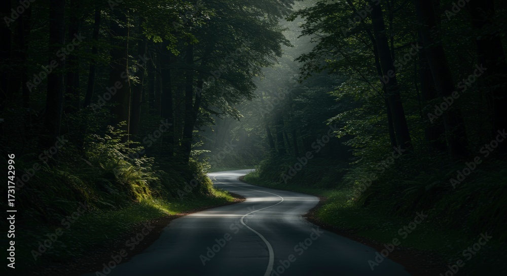 Obraz premium Winding road through dense forest with sunlight filtering through the trees creating a serene natural landscape