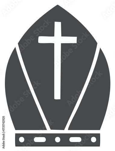 Simple illustration of a bishop's mitre hat with a cross symbol representing Christianity.