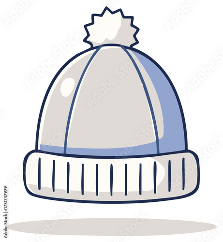 Cute cartoon illustration of a cozy blue and white winter beanie with a pom pom