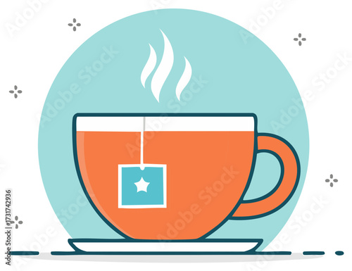 Steaming hot cup of orange tea with a teabag on a saucer simple flat vector illustration icon
