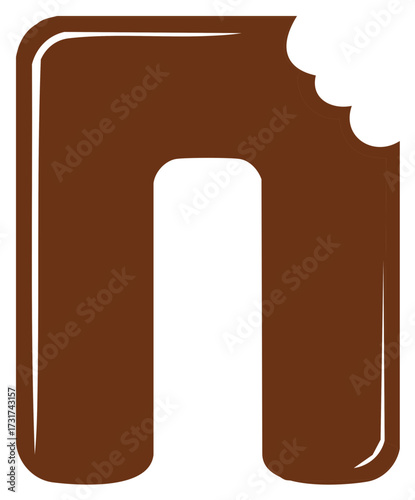 Bitten chocolate letter N. Sweet dessert font typography. Edible candy alphabet vector illustration.