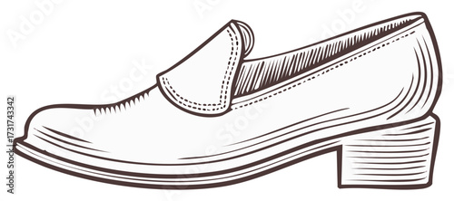 Hand-drawn illustration of a classic heeled loafer shoe, vintage fashion footwear drawing