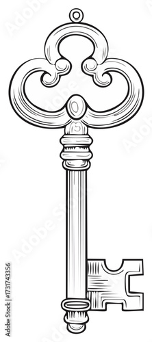 Elaborate Key Silhouette Illustration, Vintage Style Ornamental Key, Vector Graphics