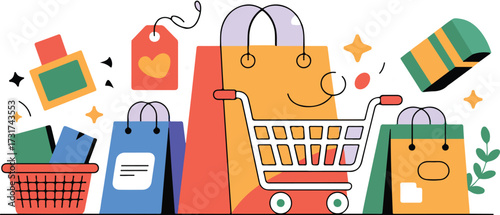 Shopping cart with bags and boxes for online shopping