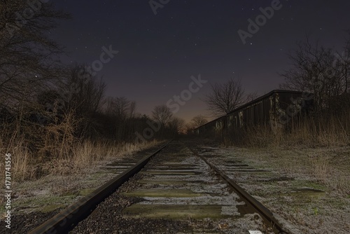 Abandoned train tracks at night, with a dark building in the distance