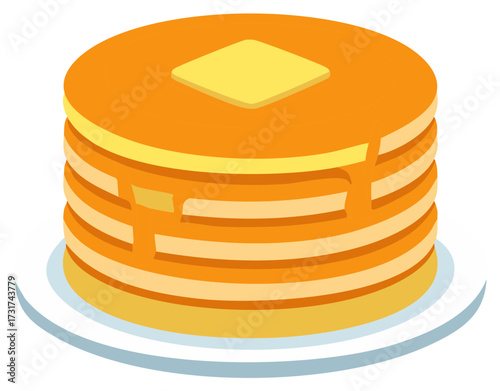 Cartoon illustration of a tall stack of pancakes with melting butter and dripping syrup