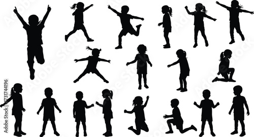 Silhouette vector illustration of children jumping, running, playing, standing, walking, childhood activity, fun movement, energetic poses, happy lifestyle, innocence.