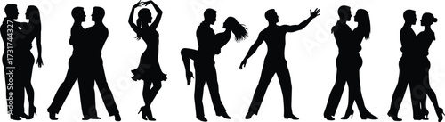 Silhouette vector illustration of dancing couples performing ballroom, salsa, tango, romantic dance poses, passion, performance, choreography, love, and celebration.