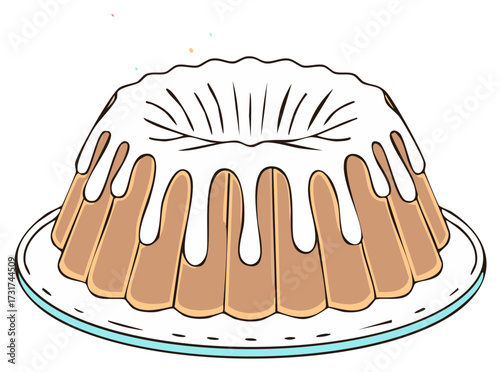 Sweet bundt cake with icing on plate illustration