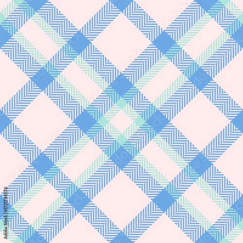 Pajamas plaid background fabric, many tartan vector pattern. 20s seamless check texture textile in linen and cyan colors.