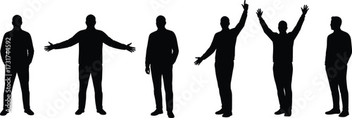 Silhouette vector illustration of men standing, posing, gesturing, raising hands, casual male figure, people body posture, business concept, communication.