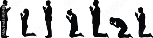 Silhouette vector illustration of people praying, kneeling, worship, meditation, spirituality, faith, religion, hope, devotion, peaceful human posture design.