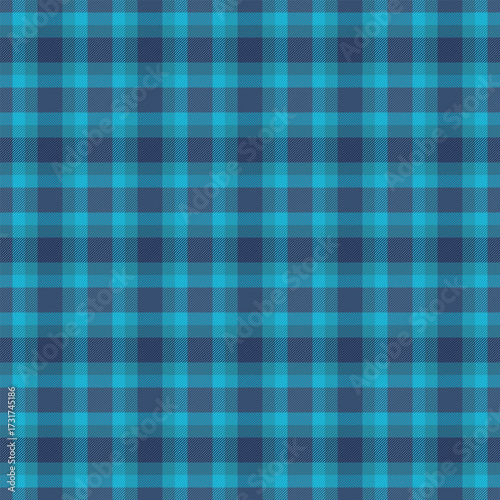 Simplicity vector plaid textile, celtic check background tartan. Stitch texture seamless pattern fabric in cyan and blue colors.