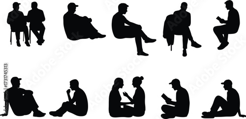Silhouette vector illustration of people sitting, reading, talking, relaxing, casual posture, communication, social interaction, leisure time concept design.