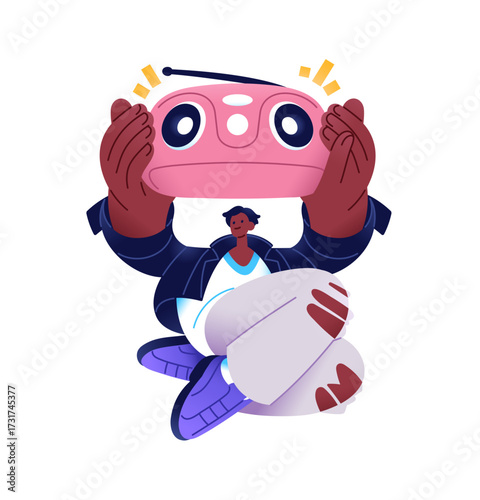 Black teen man holds retro boombox above head and listens to music. Happy boy enjoys hip hop songs with tape recorder, audio cassette player. Flat isolated vector illustration on white background