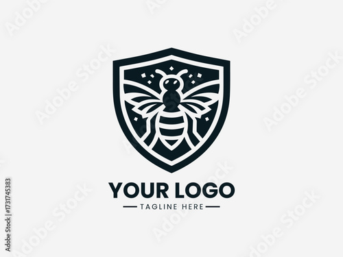 Protective honey bee security vector logo with shield border and guardian wings for safety company