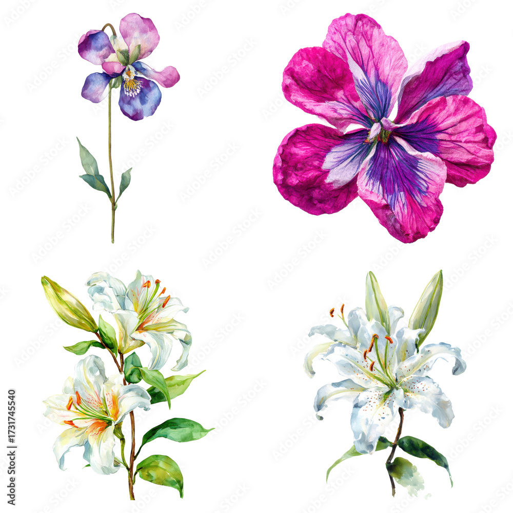 Obraz premium Artistic watercolor painting featuring various flower species, including lilies and pansies, isolated on transparent background