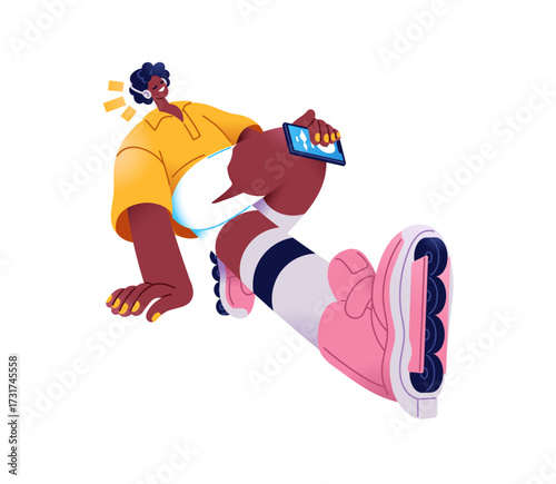 Happy black girl is roller skating and listening to music with headphones by mobile phone. Teen rides a rollerblade and enjoys song by smartphone. Flat isolated vector illustration on white background
