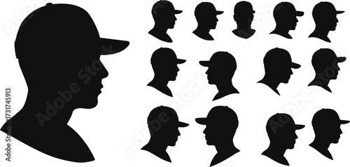 Silhouette illustration of man wearing baseball cap in multiple side profile views, casual male figure head design, black vector art.