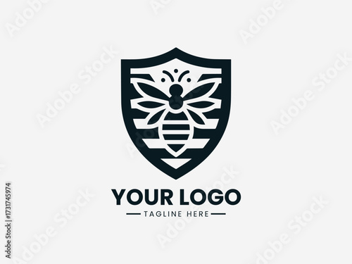 Protective honey bee security vector logo with shield border and guardian wings for safety company