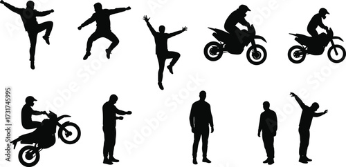 Silhouette illustration of men jumping, dancing, standing, and riding motorbikes, extreme sports, lifestyle activities, action movement vector art design.
