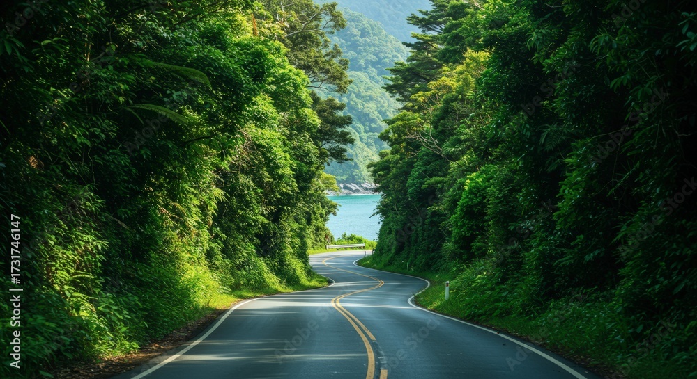 Fototapeta premium Winding road through lush green forest leads to distant water body scenic landscape