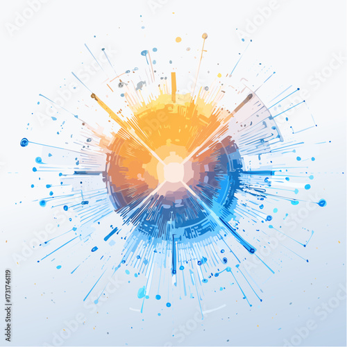 Scientific vector illustration quantum computer technology. Plexus fiction effect. Deep learning artificial intelligence. Big data algorithms visualization. Quantum explosion background.