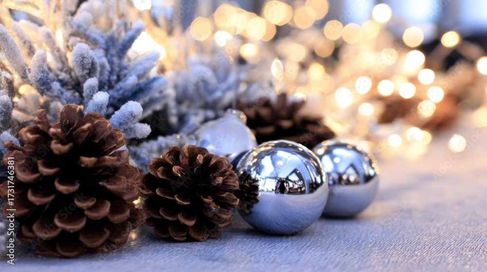 Fototapeta premium Festive arrangement of pine cones and shiny ornaments amidst sparkling lights, creating a cozy holiday atmosphere