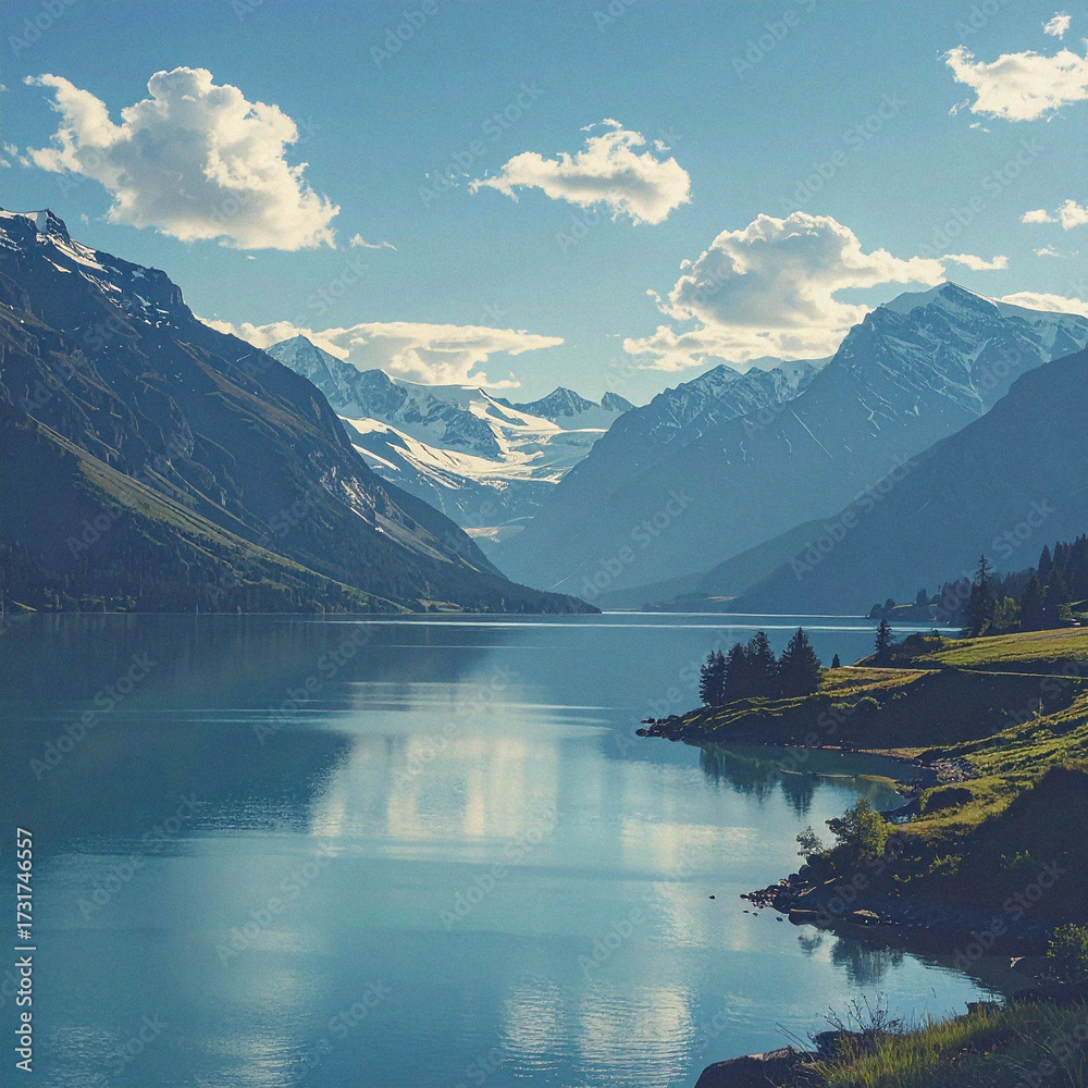 Naklejka premium Mountain lake and blue sky. Background Image. Minimalist backdrop. Template design