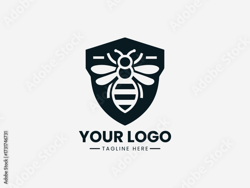 Protective honey bee security vector logo with shield border and guardian wings for safety company