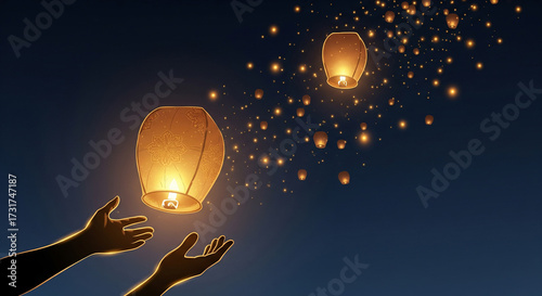 Hands releasing sky lanterns into starry night