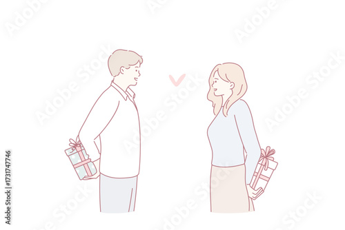 Valentines day celebrating and surprise concept. Young smiling couple man and woman standing opposite each other hiding holiday gift boxes over backs vector illustration
