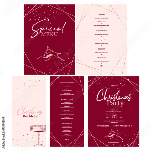 Elegant Christmas menu set for restaurants and bars in burgundy and gold colors. Includes main dinner menu, bar drink menu, and holiday invitation card. Designed in minimal flat style with deer illust