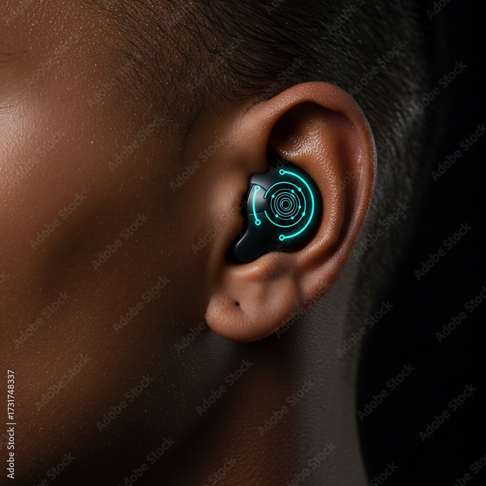 Fototapeta premium Wearing Wireless Earbud with Glowing Design in Ear