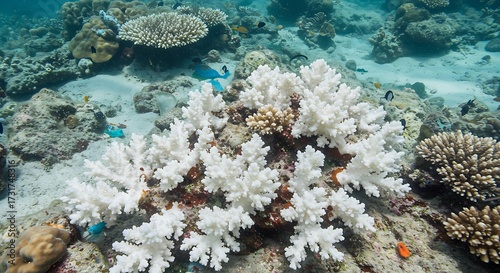 Underwater view of bleached coral reef vibrant marine life and natural environment