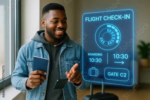 Travel check-in action at airport digital notification display modern environment perspective of happy traveler