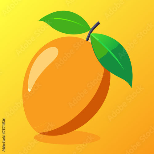 Orange fruit with two green leaves on a yellow gradient background Keywords: orange, fruit