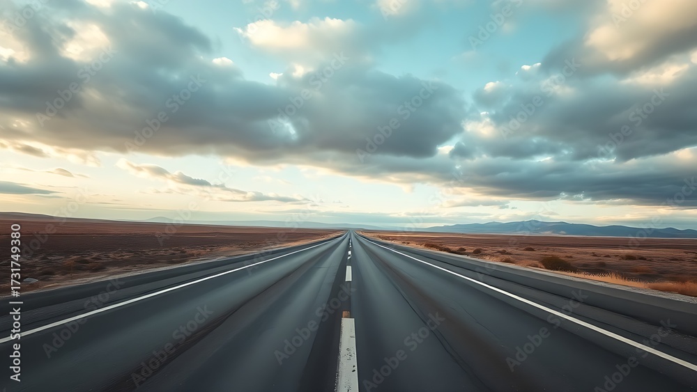 Fototapeta premium Panoramic view of an empty road under cloudy skies, capturing a serene and open landscape.
