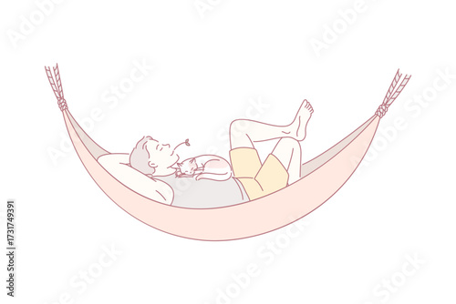 Having rest and enjoying vacations concept. Young positive man lying relaxing in hammock with cat on his breast vector illustration
