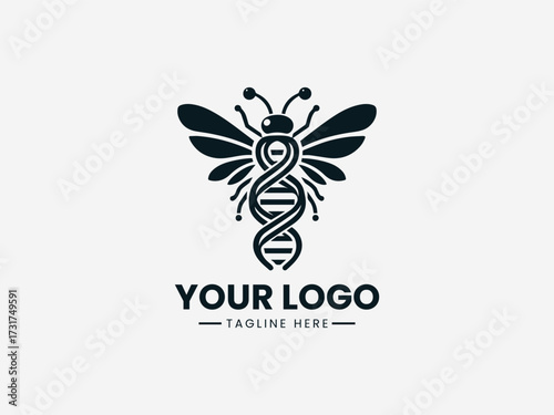 Genetic dna chain bee vector logo with helical structure and honeycomb elements for biotech company