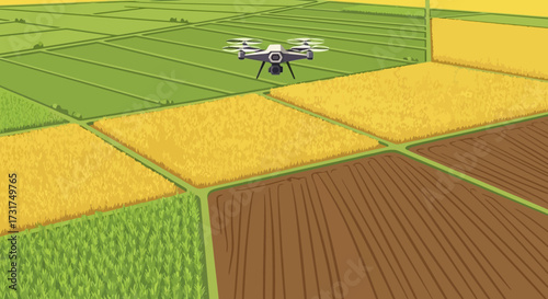 Drone flying over agricultural fields for precision farming.