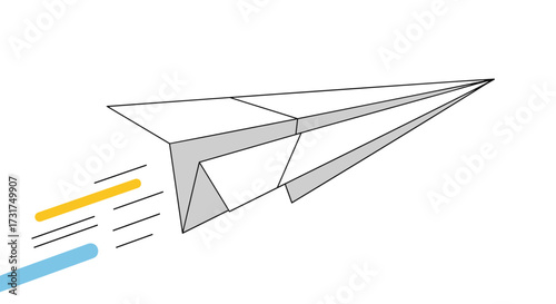 A simple paper airplane gracefully glides through the air with speed lines indicating its rapid movement and trajectory.
