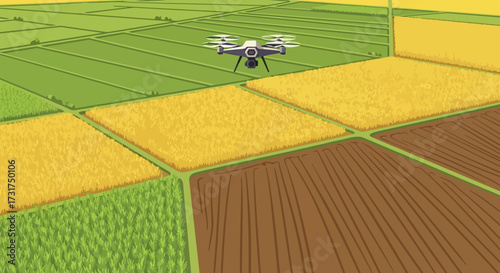Drone flying over agricultural fields modern farming technology.