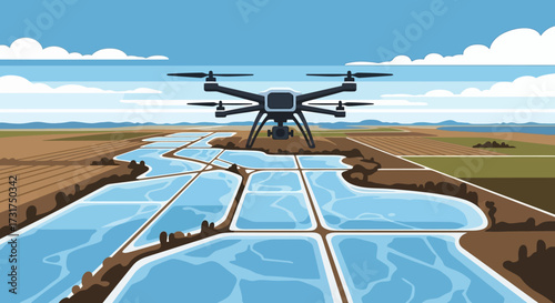 Drone flying over agricultural fields with water irrigation systems.