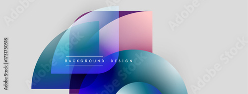 Abstract shapes overlap, creating dynamic gradients. Blue, pink hues dominate design. Minimalist style, modern aesthetic. Smooth transitions present.