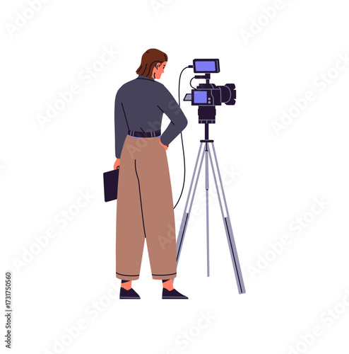 Video operator films movie with camera. Videographer with professional equipment. Cameraman is shooting with videocamera on tripod back view. Cinematography. Flat isolated vector illustration on white