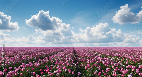 Vibrant pink tulip field under a blue sky with fluffy white clouds