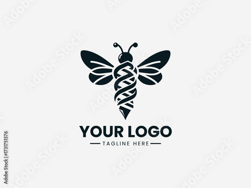 Genetic dna chain bee vector logo with helical structure and honeycomb elements for biotech company